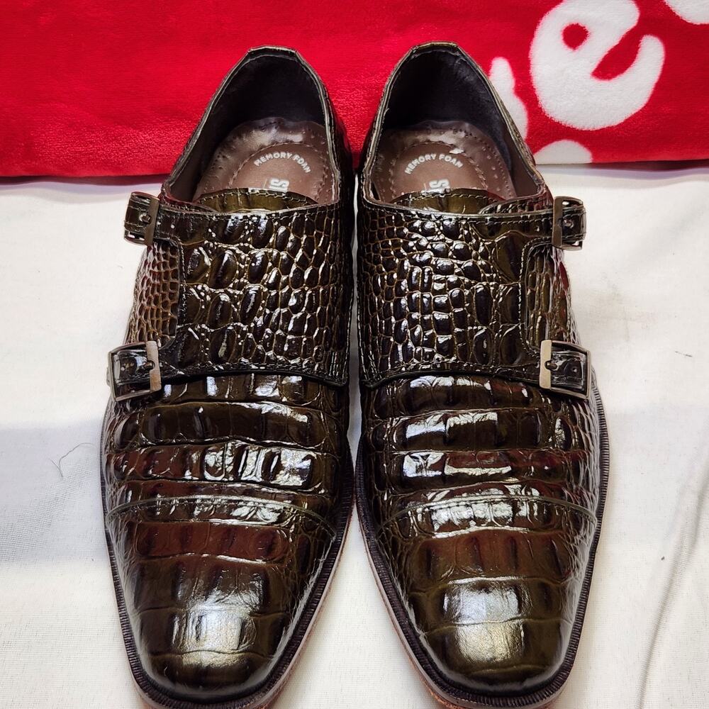 Stacy Adams Mens 8M Double Monk Strap Crocodile Embossed Leather Dress Shoes...